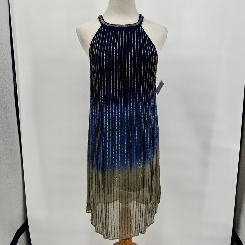 RAGA Navy Blue to Olive Green Ombre Halter Midi Dress with Metallic Stripes
